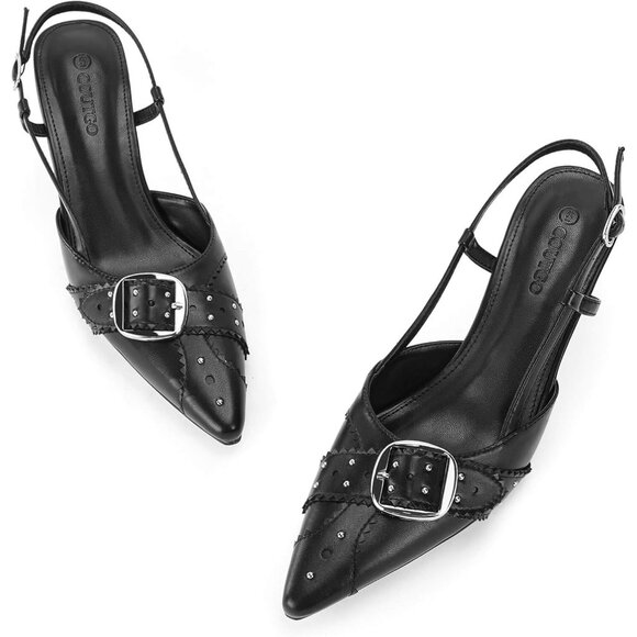 💫 Women Black Slingback Kitten Heel Studded PointedToe Pumps Buckle Party Shoes - Picture 7 of 7